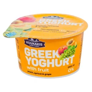 KOUKAKIS Yogur griego con trozos de melocotón, uva y albaricoque 150 g. sin azúcares añadidos.