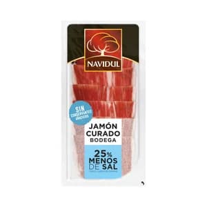 NAVIDUL Jamón curado bodega con un 25% menos de sal, sin gluten ni lactosa, cortado en lonchas 45 g.