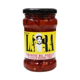 LARA Pimientos del piquillo de primera categoría al ajillo, hechos tiras bote de 290 g.