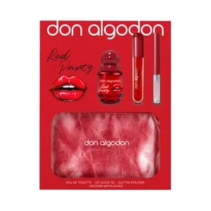 DON ALGODÓN Red party Neceser para mujer con colonia, brillo de labios 3D y eyeliner brillante.