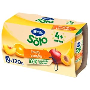 HERO Solo Tarrito de frutas (plátano, manzana, melocotón, naranja y albaricoque), a partir de 4 meses 2 x 120 g.