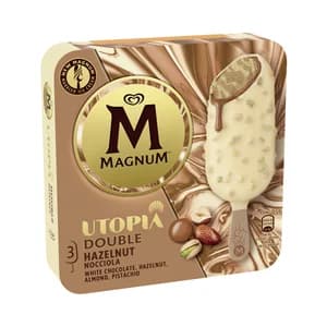 MAGNUM Utopia doble hazelnut de Frigo Helado de avellana, almendra y caramelo recubierto de chocolate blanco 3 x 85 ml.