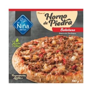 LA NIÑA DEL SUR Pizza Boloñesa (vacuno, salsa de tomate, Edam y Mozzarella) hecha al horno de piedra 390 g.