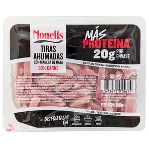 MONELLS Más proteína Tiras de bacon ahumadas con madera de haya 100 g.