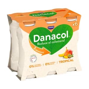 DANACOL Leche fermentada desnatada con edulcorantes, esteroles vegetales añadidos y frutas tropicales de Danone 6 x 100 g.