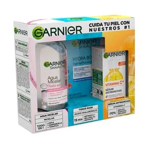 GARNIER Estuche con agua micelar, mascarilla facial refrescante y sérum antimanchas.