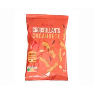 PRODUCTO ALCAMPO Snack de palitos de maíz con sabor a cacahuete AUCHAN CROUSTILLANTS bolsa de 90 g.