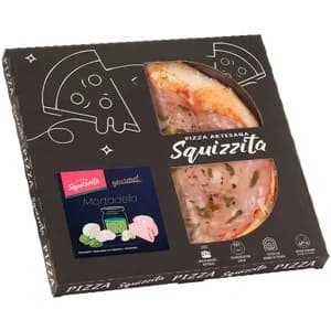 SQUIZZITA Pizza gourmet de mortadela y mozzarella con salsa de pesto con pistacho 420 g.