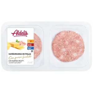 Bandeja de hamburguesas de pollo con trocitos de queso fundido ALDELÍS 4 x 80 g.
