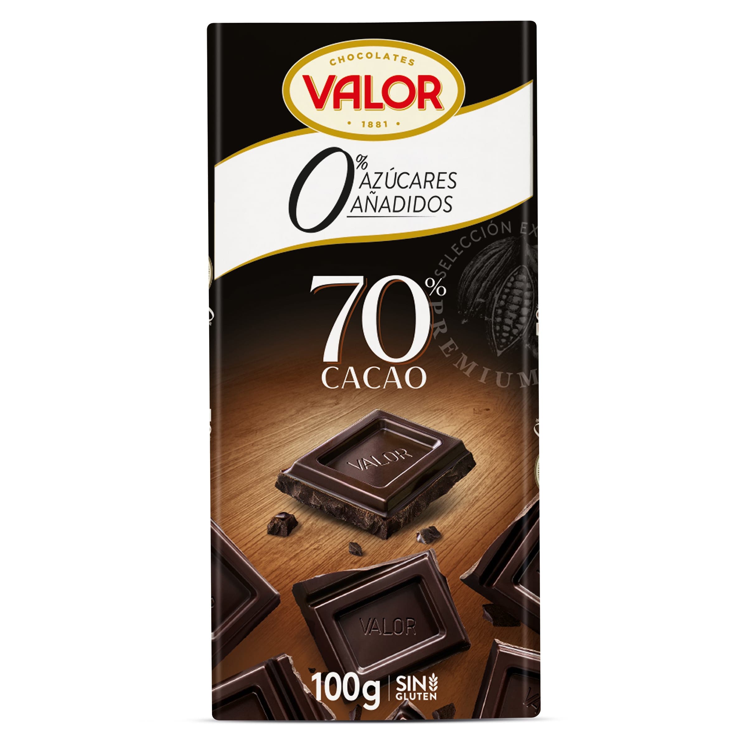 Chocolate negro 70% cacao sin azúcar Valor 100 g